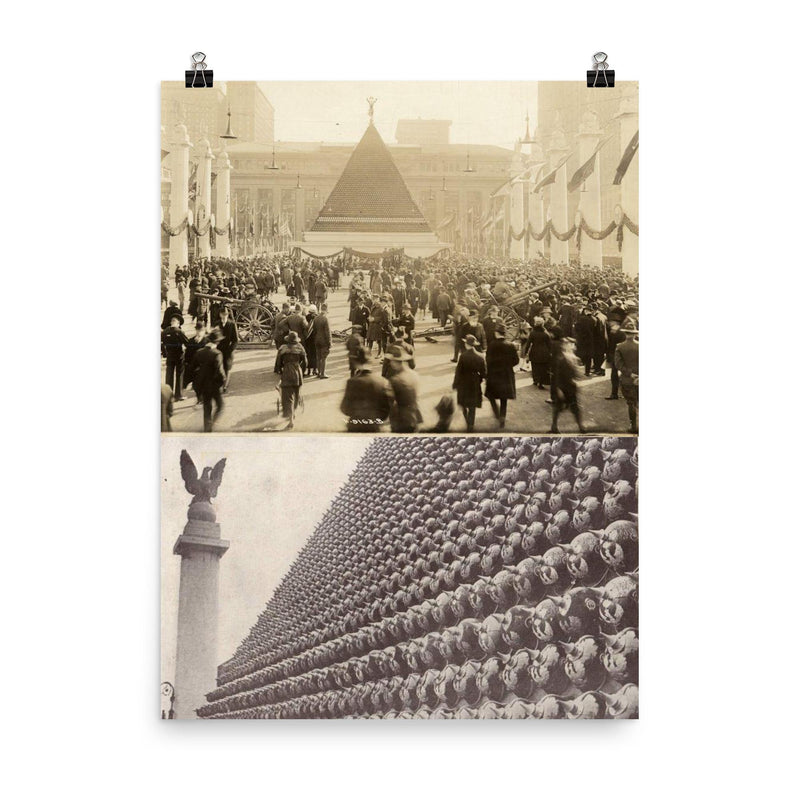 Pyramid of 85,000 Captured German Helmets in New York, 1919 poster on a plain backdrop in size 8