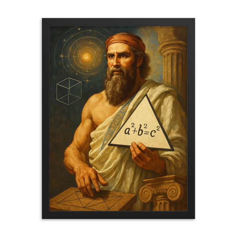 Pythagoras framed print on a plain backdrop in size 18