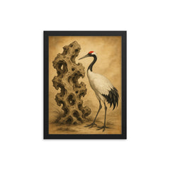 Qing dynasty scholar’s rock with red crowned crane framed print on a plain backdrop in size 12"x16".