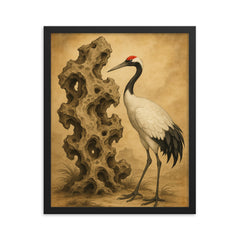 Qing dynasty scholar’s rock with red crowned crane framed print on a plain backdrop in size 16"x20".