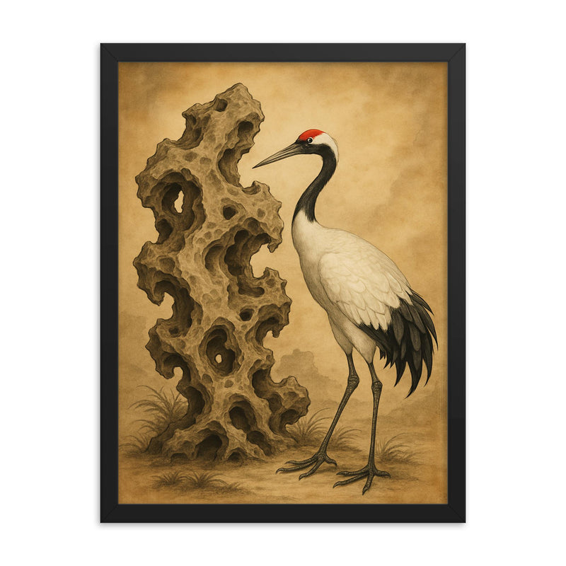 Qing dynasty scholar’s rock with red crowned crane framed print on a plain backdrop in size 18