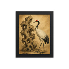 Qing dynasty scholar’s rock with red crowned crane framed print on a plain backdrop in size 8"x10".