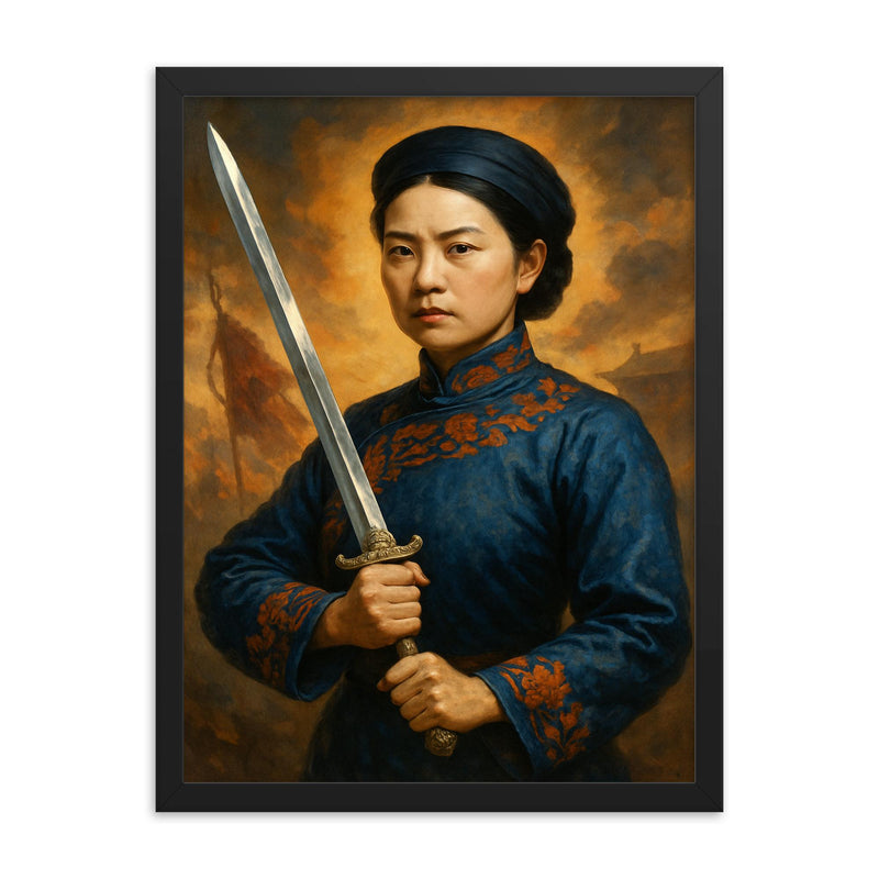 Qiu Jin framed print on a plain backdrop in size 18