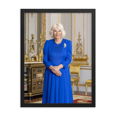Queen Camilla official Australian portrait framed print on a plain backdrop in size 18"x24".