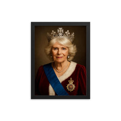 Queen Camilla portrait framed print on a plain backdrop in size 12"x16".