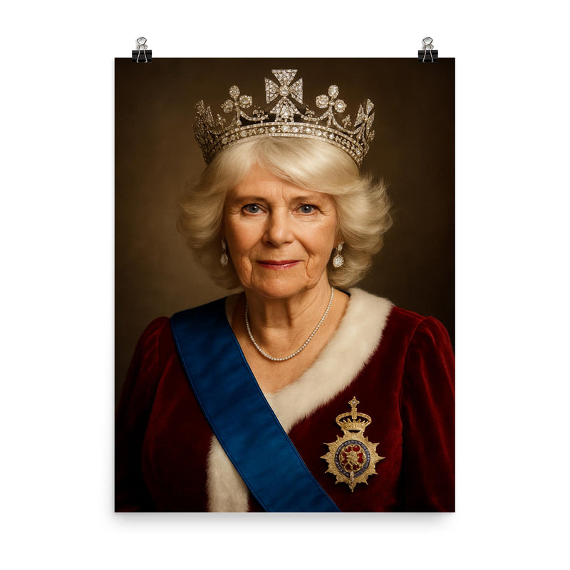 Queen Camilla portrait poster on a plain backdrop in size 8