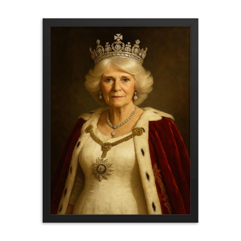 Queen Camilla regal portrait framed print on a plain backdrop in size 18