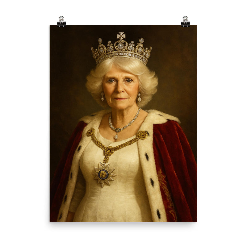 Queen Camilla regal portrait poster on a plain backdrop in size 8