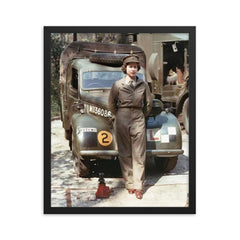 Queen Elizabeth as a Mechanic during World War II, 1939 framed print on a plain backdrop in size 16"x20".