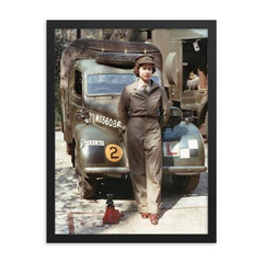 Queen Elizabeth as a Mechanic during World War II, 1939 framed print on a plain backdrop in size 18"x24".