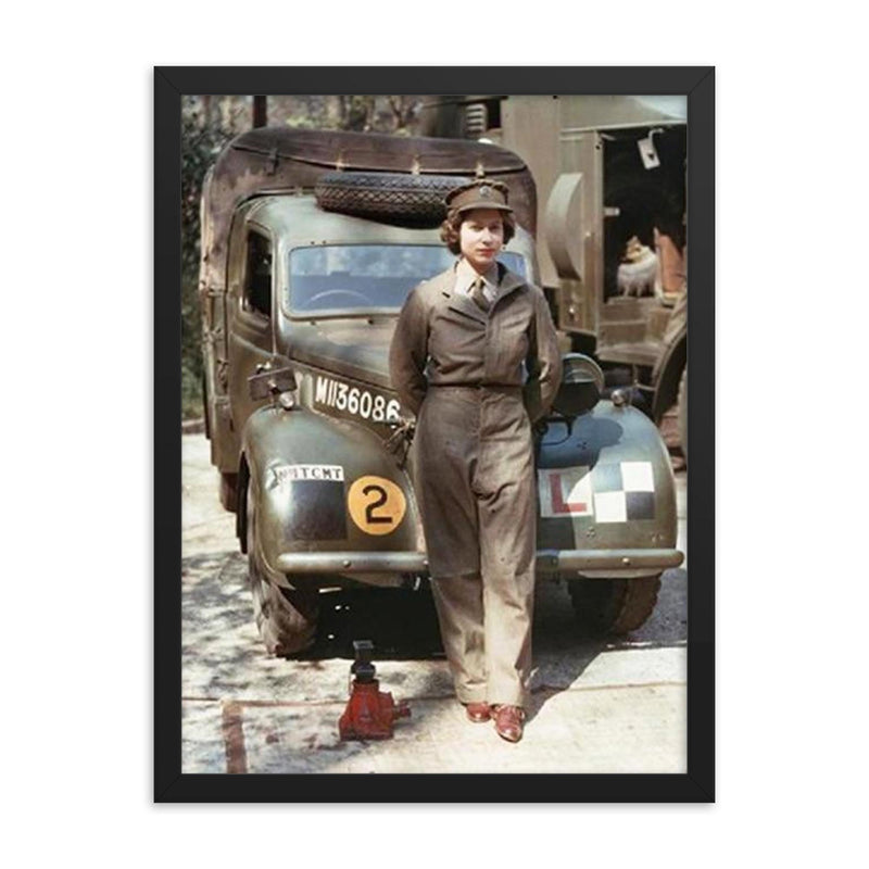 Queen Elizabeth as a Mechanic during World War II, 1939 framed print on a plain backdrop in size 18