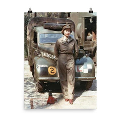 Queen Elizabeth as a Mechanic during World War II, 1939 poster on a plain backdrop in size 8"x10".