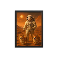 Queen Elizabeth II in a spacesuit walking her corgis on the surface of Mars framed print on a plain backdrop in size 12"x16".