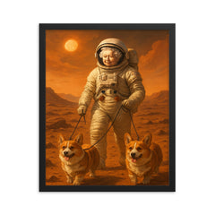 Queen Elizabeth II in a spacesuit walking her corgis on the surface of Mars framed print on a plain backdrop in size 16"x20".
