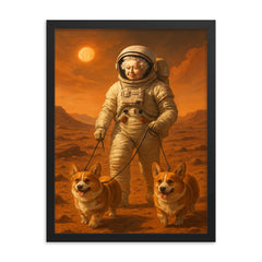Queen Elizabeth II in a spacesuit walking her corgis on the surface of Mars framed print on a plain backdrop in size 18"x24".