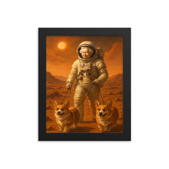 Queen Elizabeth II in a spacesuit walking her corgis on the surface of Mars framed print on a plain backdrop in size 8"x10".