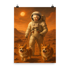 Queen Elizabeth II in a spacesuit walking her corgis on the surface of Mars poster on a plain backdrop in size 8"x10".