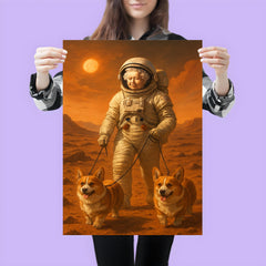 Queen Elizabeth II in a spacesuit walking her corgis on the surface of Mars poster 3