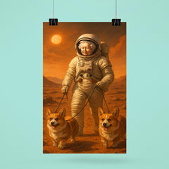 Queen Elizabeth II in a spacesuit walking her corgis on the surface of Mars poster 6