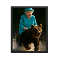 Queen Elizabeth II riding a bear framed print on a plain backdrop in size 16"x20".