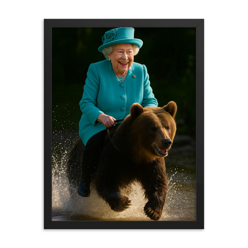 Queen Elizabeth II riding a bear framed print on a plain backdrop in size 18