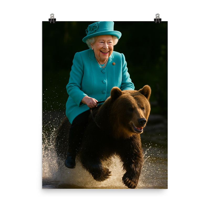 Queen Elizabeth II riding a bear poster on a plain backdrop in size 8