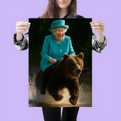 Queen Elizabeth II riding a bear poster 3
