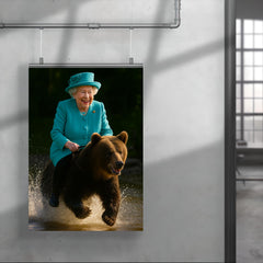 Queen Elizabeth II riding a bear poster 4