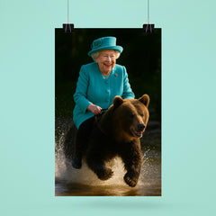 Queen Elizabeth II riding a bear poster 6