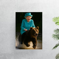 Queen Elizabeth II riding a bear poster 7