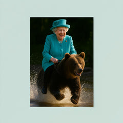 Queen Elizabeth II riding a bear poster 8