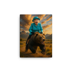 Queen Elizabeth riding a bear canvas print on a plain backdrop in size 12"x16".