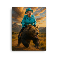 Queen Elizabeth riding a bear canvas print on a plain backdrop in size 16"x20".