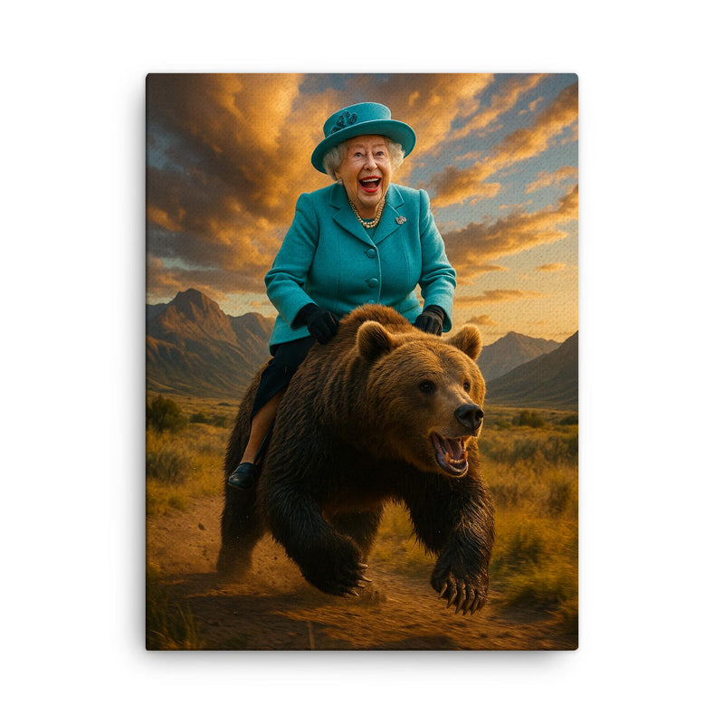 Queen Elizabeth riding a bear canvas print on a plain backdrop in size 18
