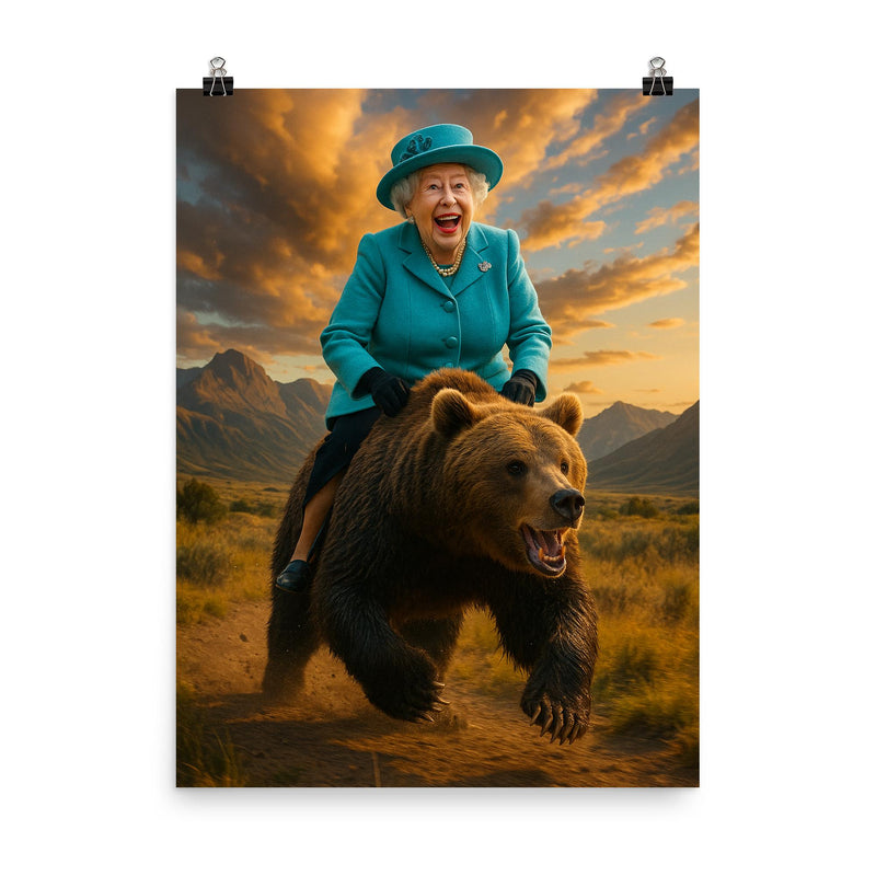 Queen Elizabeth riding a bear poster on a plain backdrop in size 8