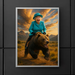 Queen Elizabeth riding a bear poster 5