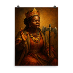 Queen Nzinga negotiating beside a war axe poster on a plain backdrop in size 8"x10".