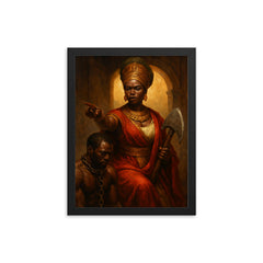 Queen Nzinga negotiating beside chained captive and war axe framed print on a plain backdrop in size 12"x16".