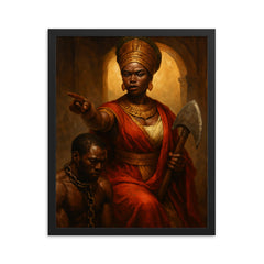 Queen Nzinga negotiating beside chained captive and war axe framed print on a plain backdrop in size 16"x20".