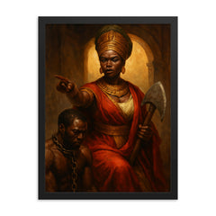 Queen Nzinga negotiating beside chained captive and war axe framed print on a plain backdrop in size 18"x24".