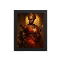 Queen Nzinga negotiating beside chained captive and war axe framed print on a plain backdrop in size 8"x10".