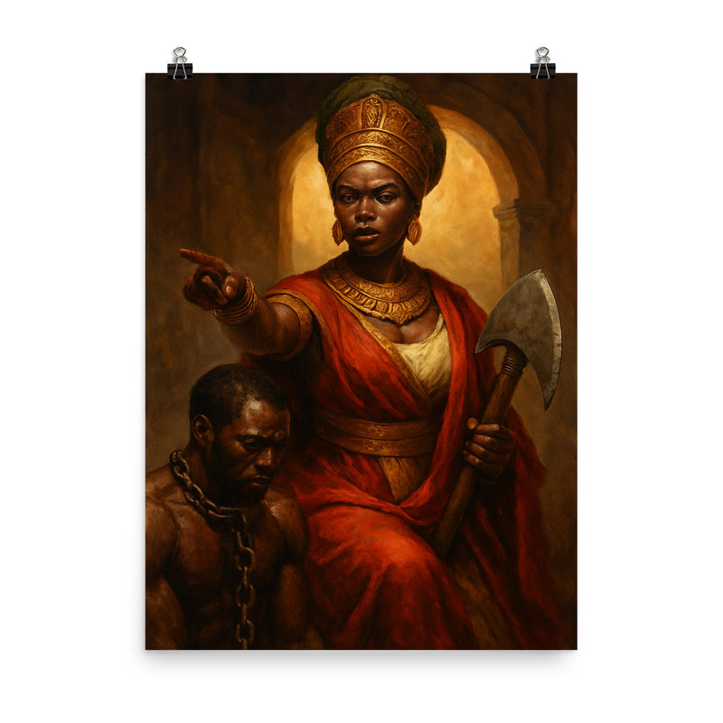 Queen Nzinga negotiating beside chained captive and war axe poster on a plain backdrop in size 8