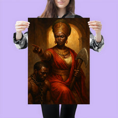 Queen Nzinga negotiating beside chained captive and war axe poster 3