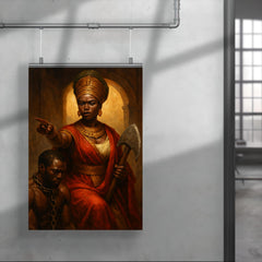 Queen Nzinga negotiating beside chained captive and war axe poster 4