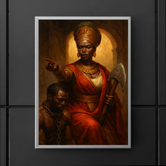 Queen Nzinga negotiating beside chained captive and war axe poster 5