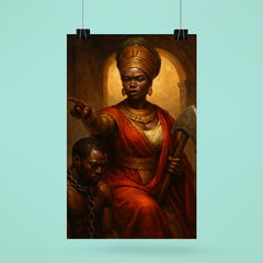 Queen Nzinga negotiating beside chained captive and war axe poster 6