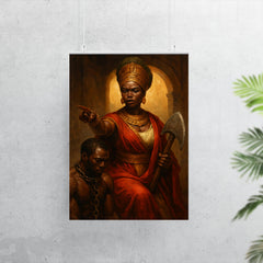 Queen Nzinga negotiating beside chained captive and war axe poster 7