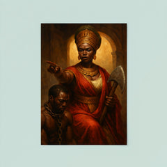 Queen Nzinga negotiating beside chained captive and war axe poster 8