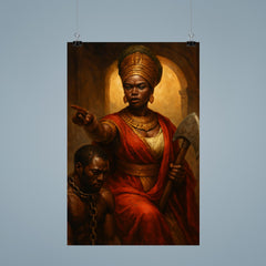 Queen Nzinga negotiating beside chained captive and war axe poster 9
