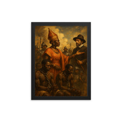 Queen Nzinga negotiating beside chained captives framed print on a plain backdrop in size 12"x16".